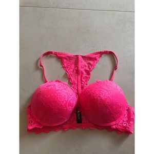 Pink lace racerback front closure push-up bra